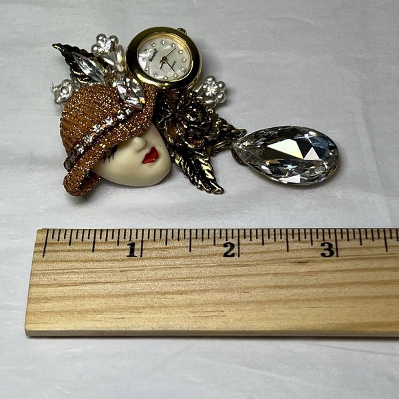 Bonetto Brooch Pin Watch Women 22mm Gold Tone Face Fashion Bling Untested 1920's - Picture 7 of 8